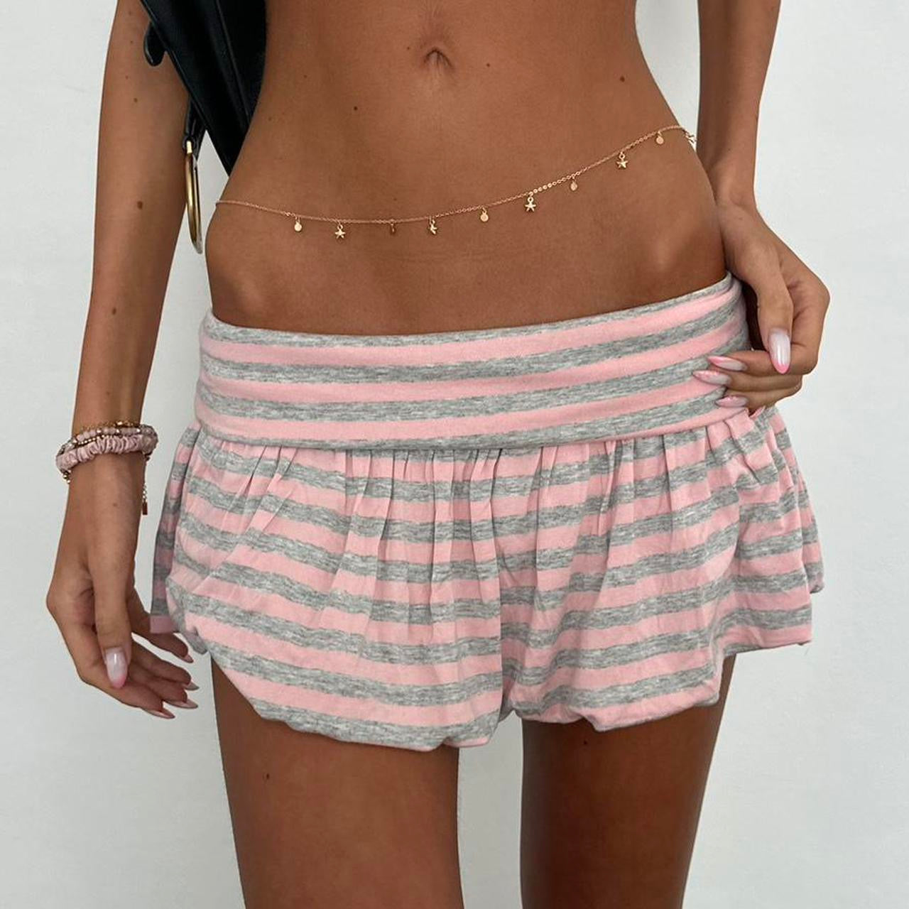 Vintage baby pink and grey striped foldover mini skirt