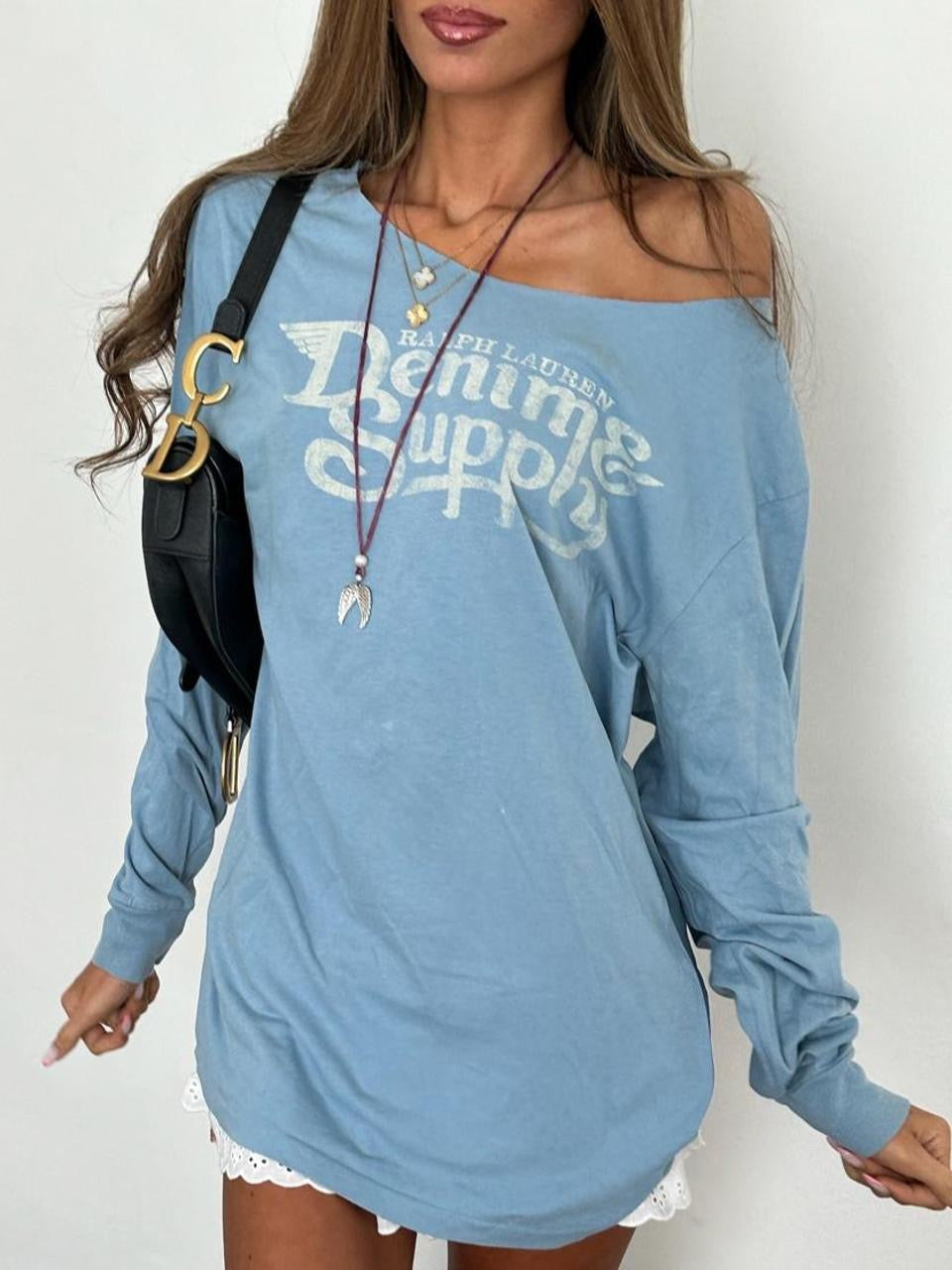 Vintage 00’s Polo Ralph Lauren blue long sleeve off the shoulder top
