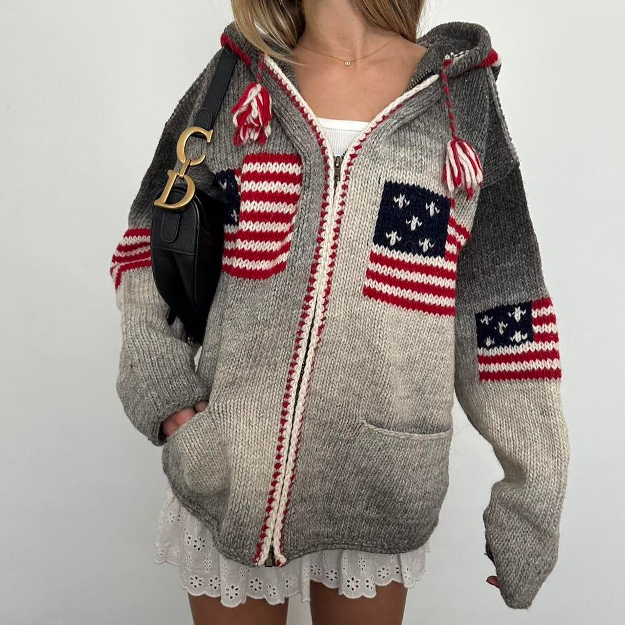 Vintage 2000’s grey American flag knitted hooded zip up