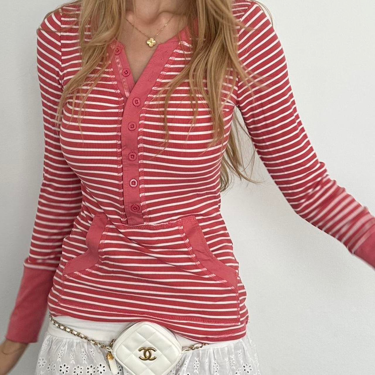Vintage striped peach Henley long sleeve top