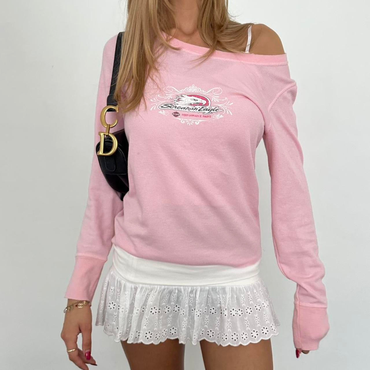 Vintage 90’s Harley Davidson pink waffle long sleeve top