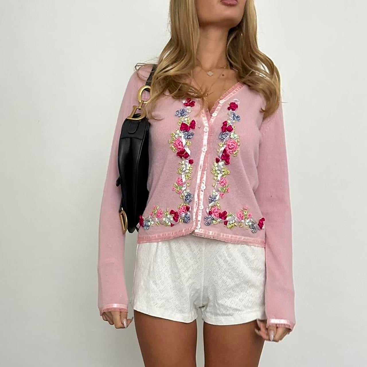 Vintage pink floral embroidered cardigan