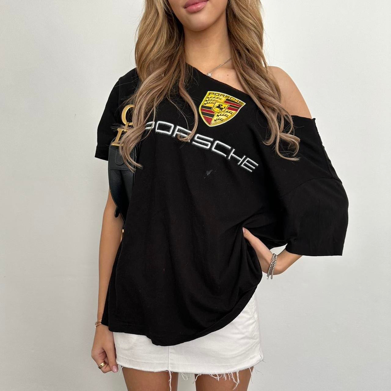 Vintage Porsche graphic off shoulder top