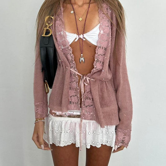 Vintage pink lace sequin tie up top