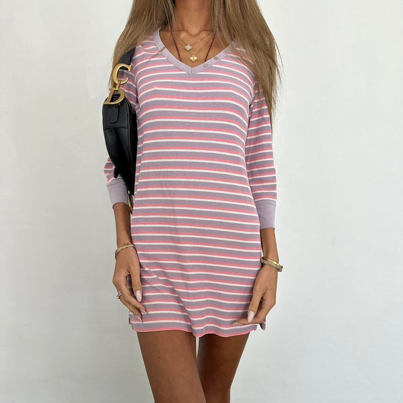 Vintage 00s light pink and blue striped long sleeve mini dress