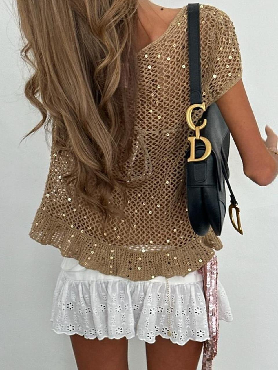 Vintage 00’s sequin cream tan flowy cardigan top