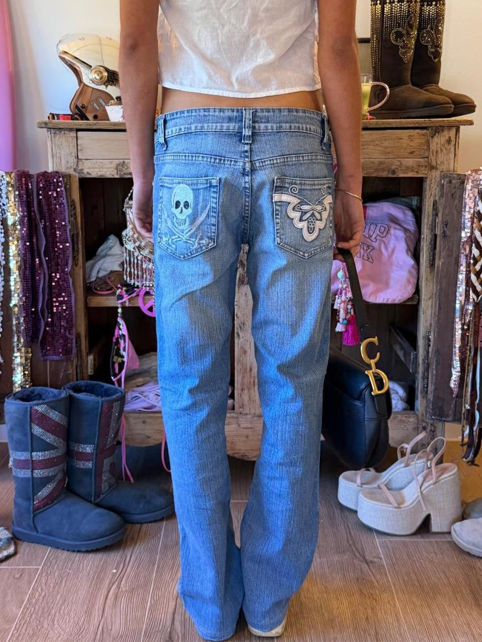 Vintage 00s skull and crossbone embroidered bootcut jeans
