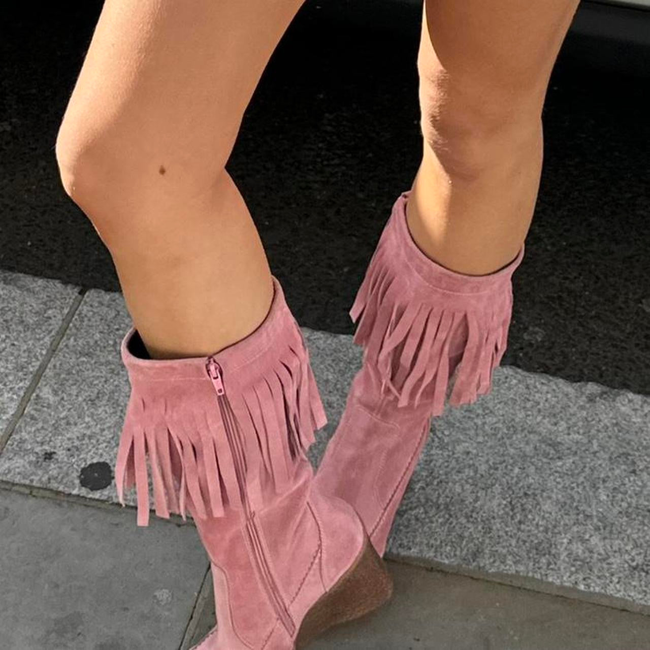 Vintage pink tassel suede leather boots