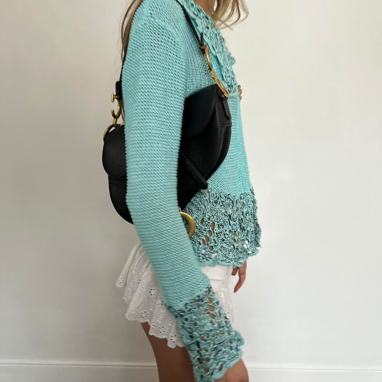 Vintage 90’s open front aqua blue crochet top