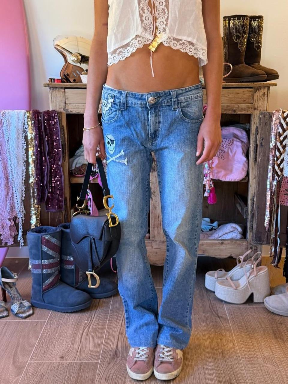 Vintage 00s skull and crossbone embroidered bootcut jeans