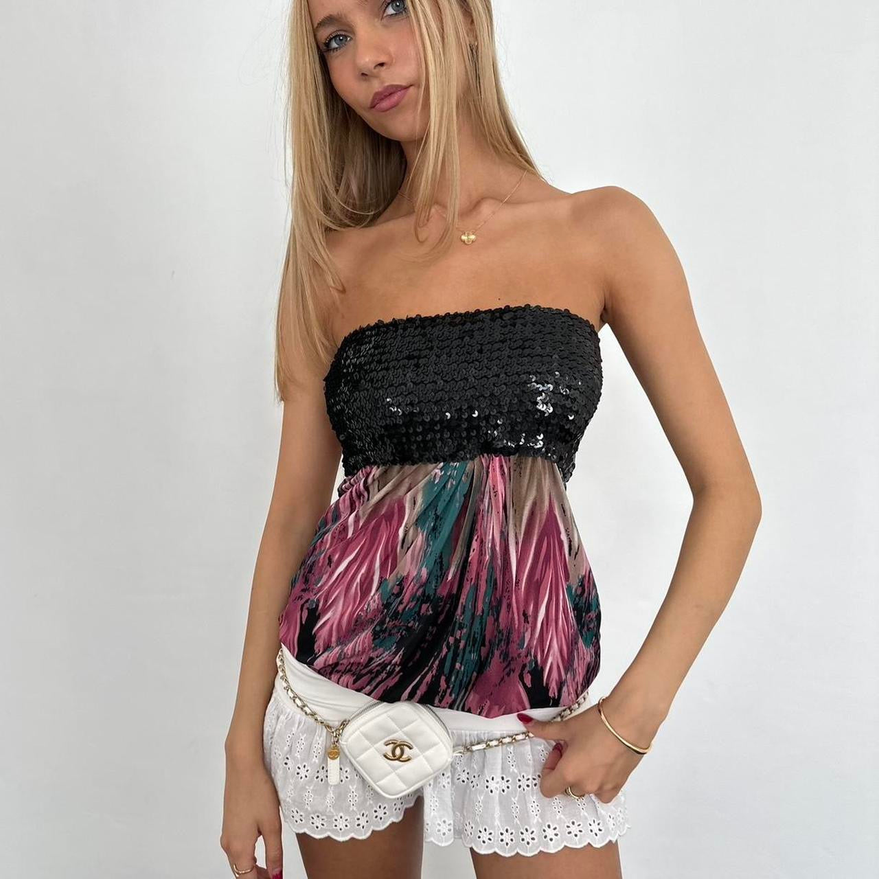 Vintage strapless sequin boho babydoll top