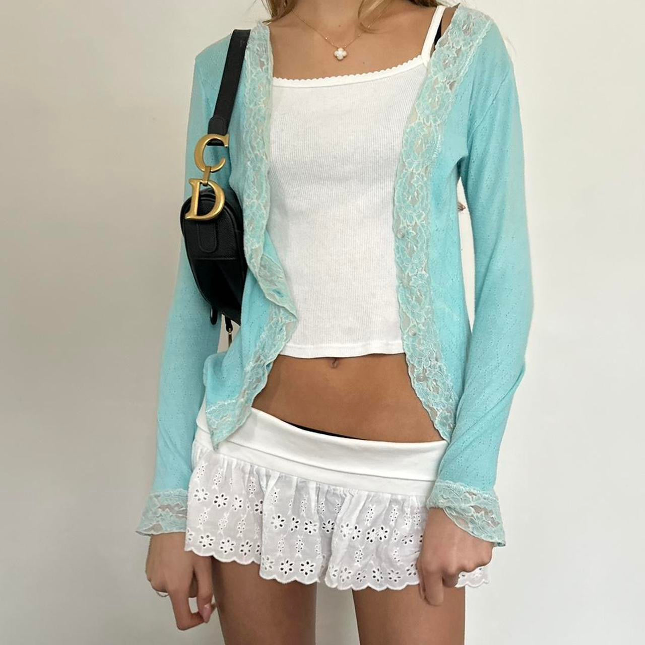 Vintage 90’s aqua blue lace trim cardigan top