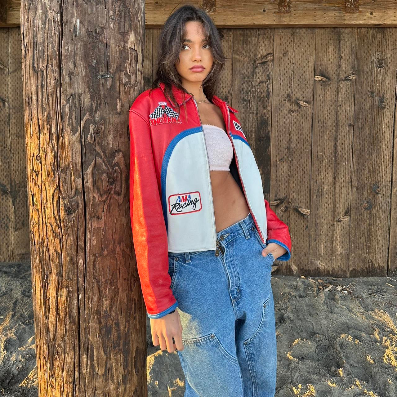 Vintage 90s red and white leather jacket  ❤️