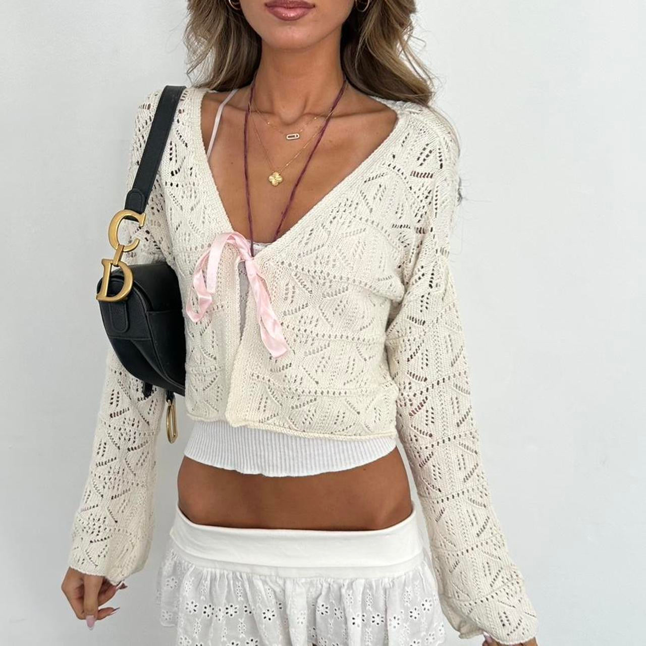 Vintage 2000s white crochet tie up cardigan top