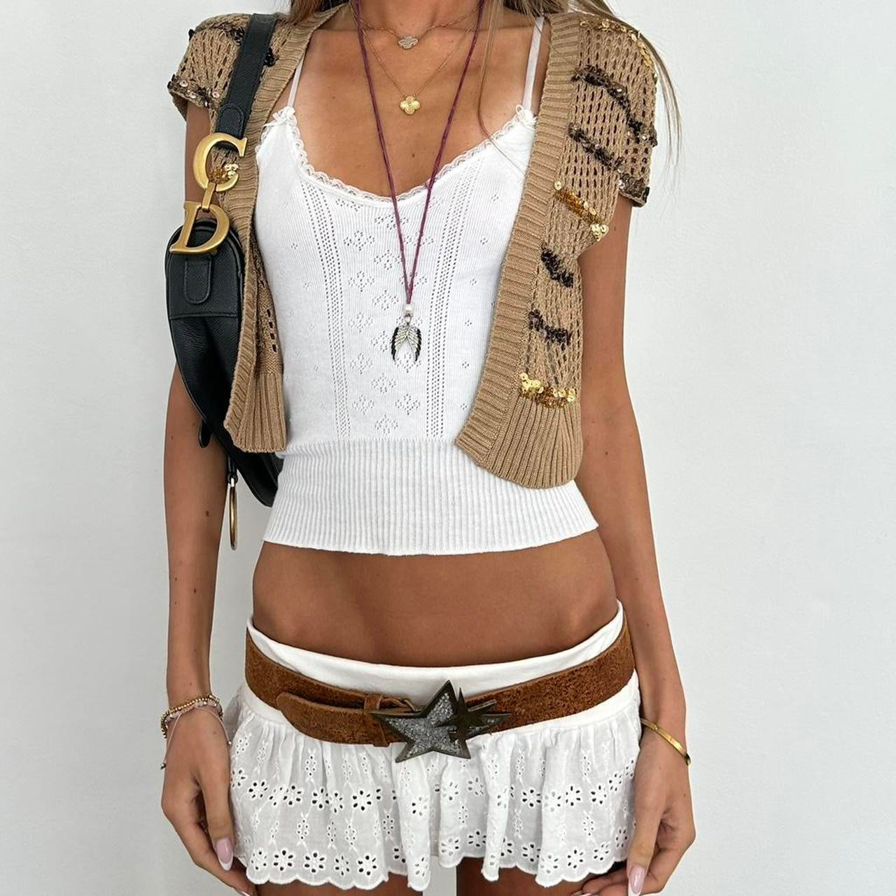 Vintage 00s tan sequin crochet layering top