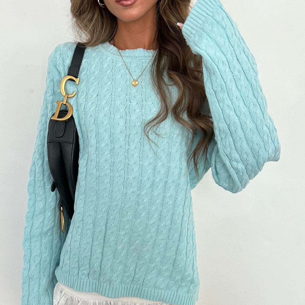 Vintage 2000s aqua blue cable knit sweater