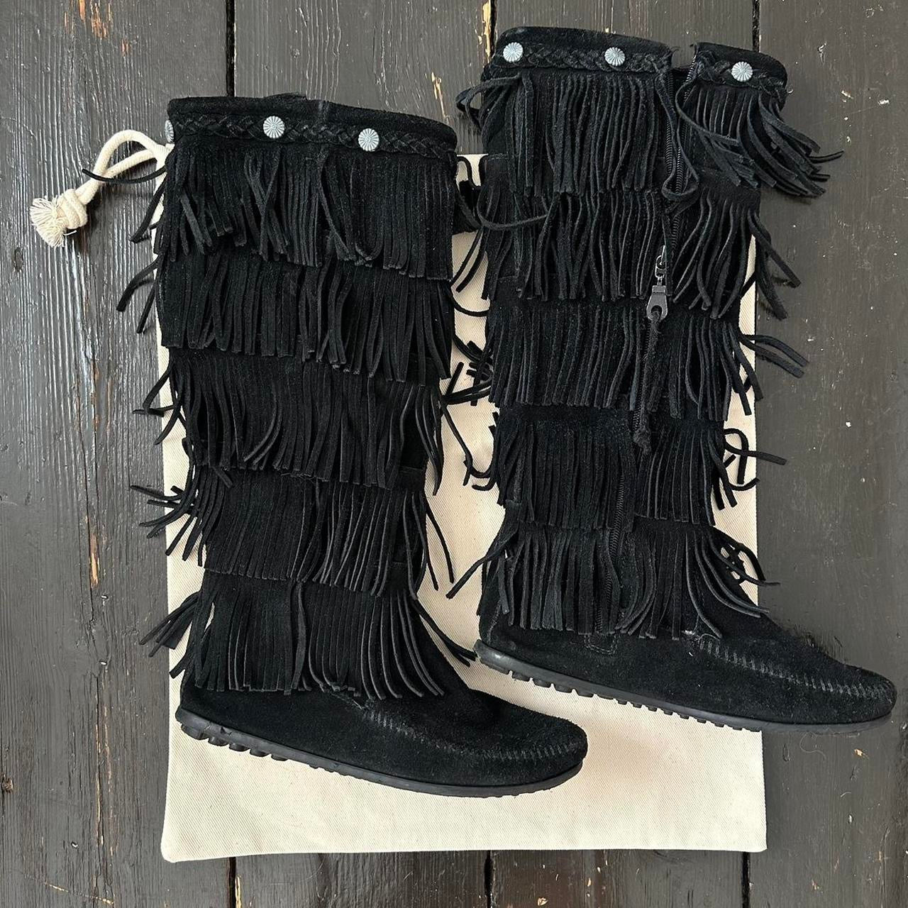 Vintage black suede fringe leather boots