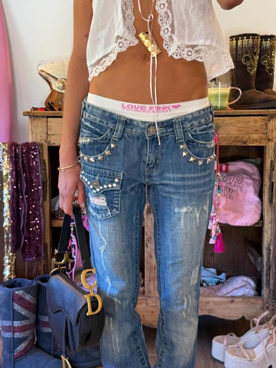 Vintage 00s studded distressed bootcut jeans