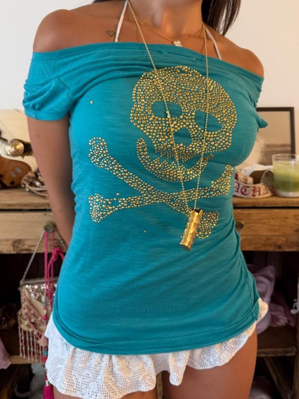 Vintage 00’s off shoulder blue skull reversible top