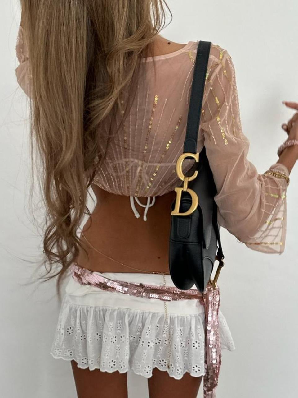 Vintage 00’s sequin cream tan delicate  cardigan top