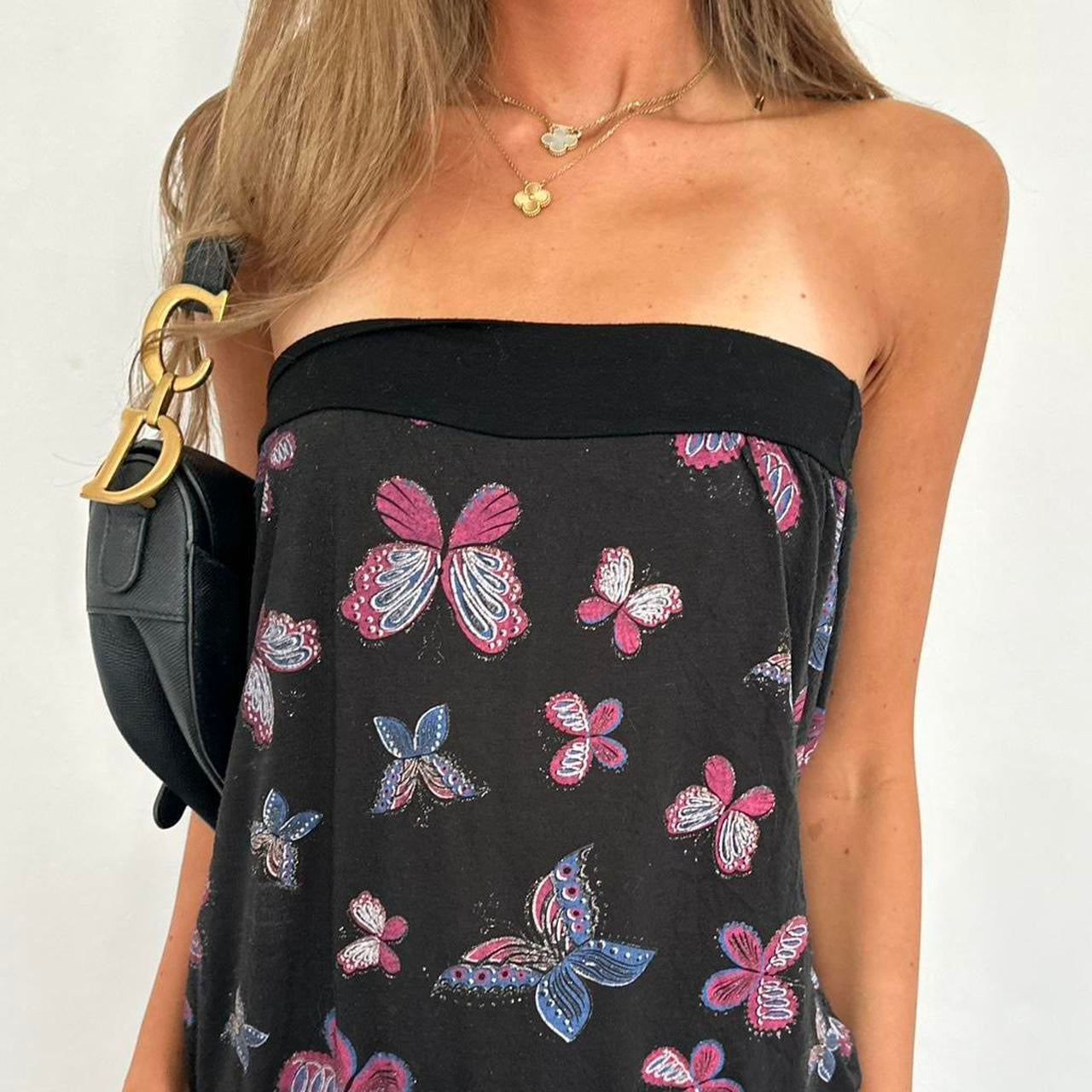 Vintage strapless butterfly print mini dress