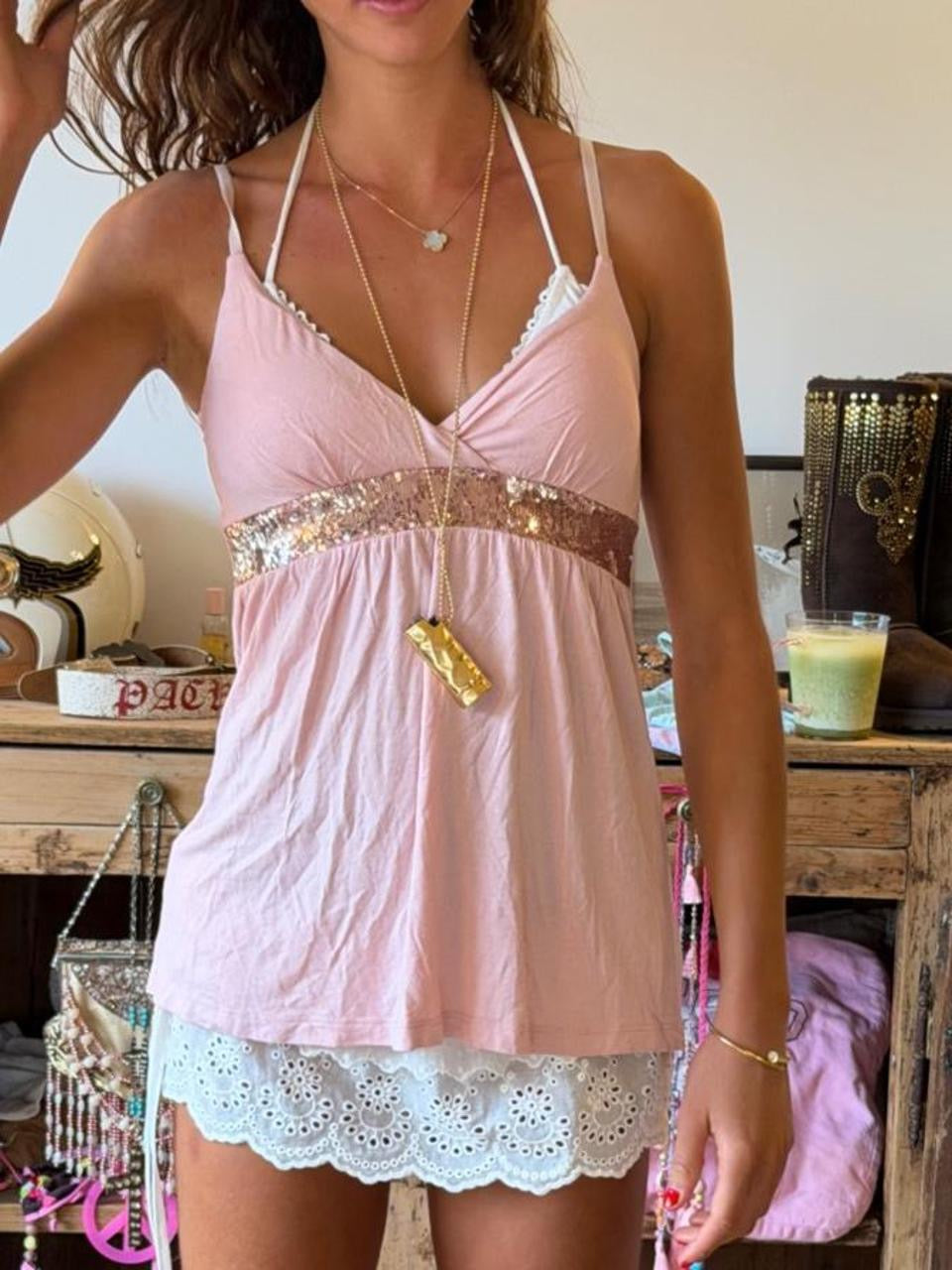 Vintage 00’s light pink sparkly cami top