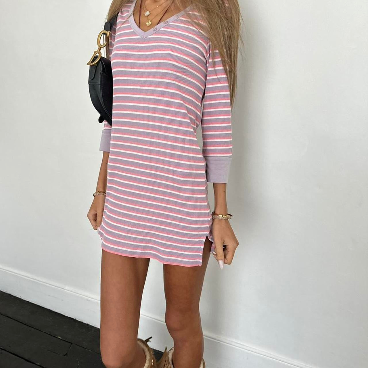 Vintage 00s light pink and blue striped long sleeve mini dress