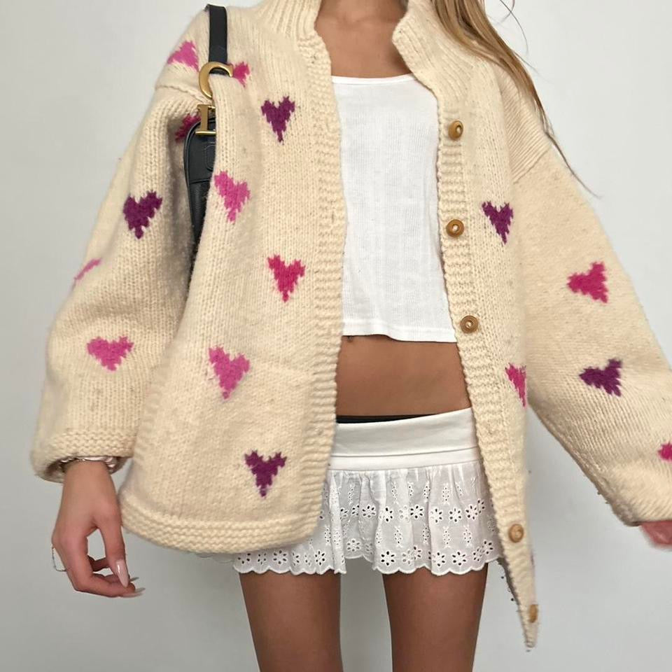 Vintage knitted pink heart pattern jacket