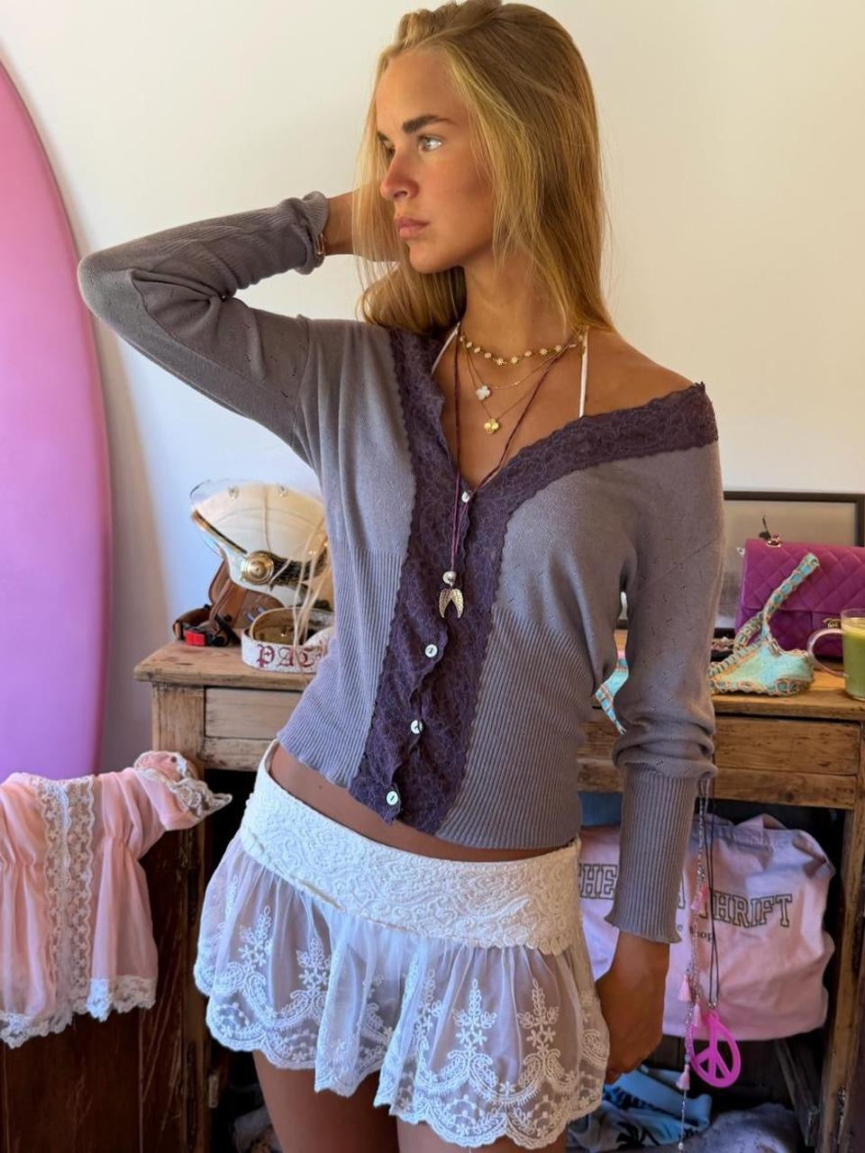 Vintage 00s pointelle grey & purple cardigan top