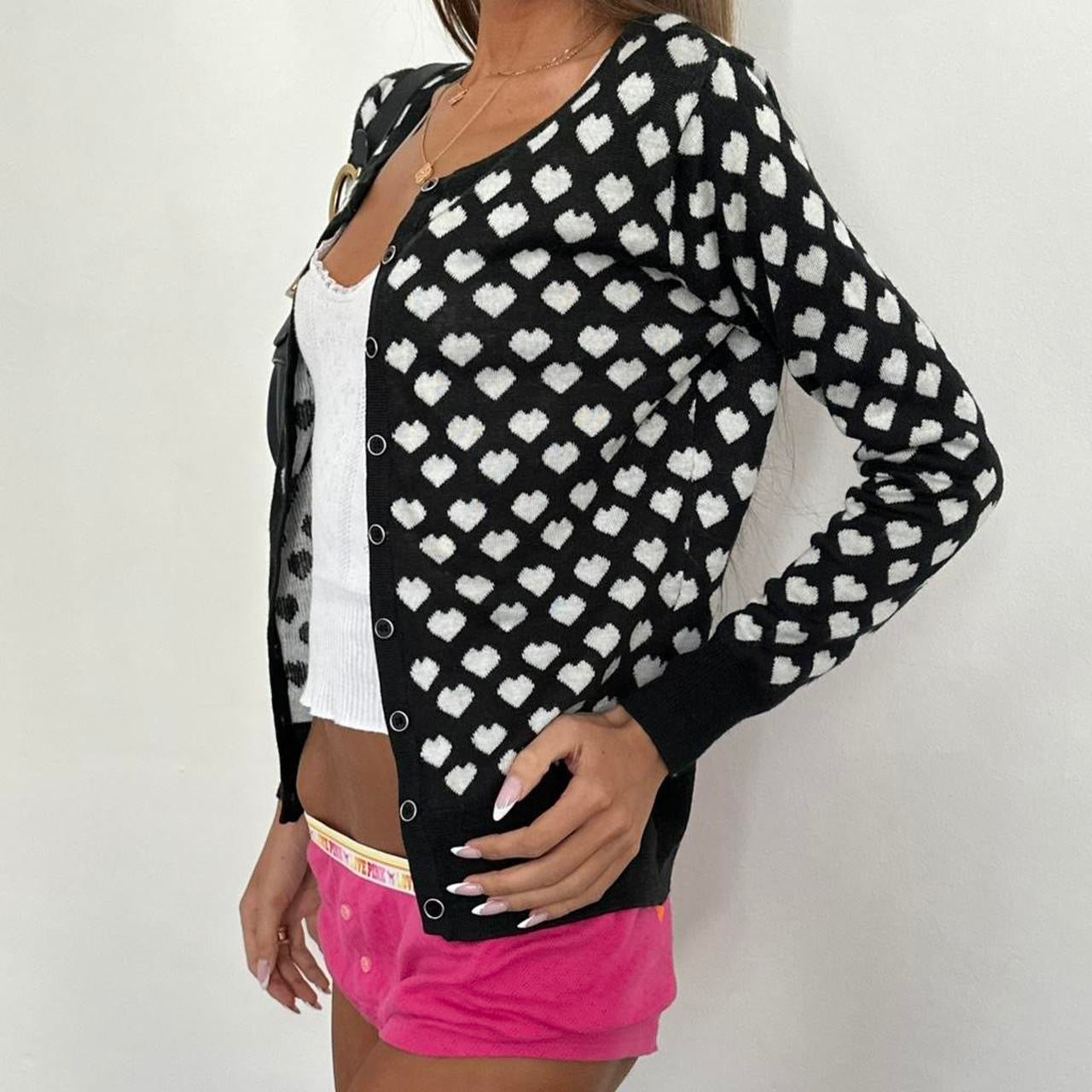 Vintage 00s black and white heart print cardigan