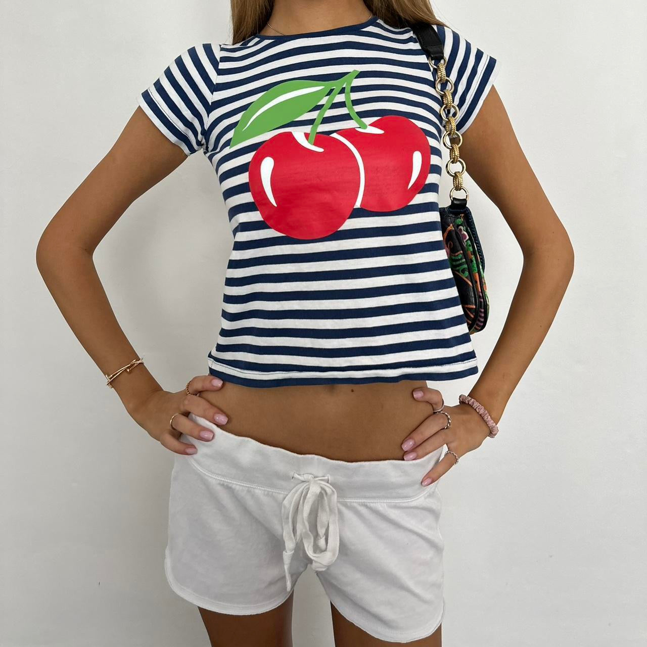 Vintage cherry navy and white striped baby tee