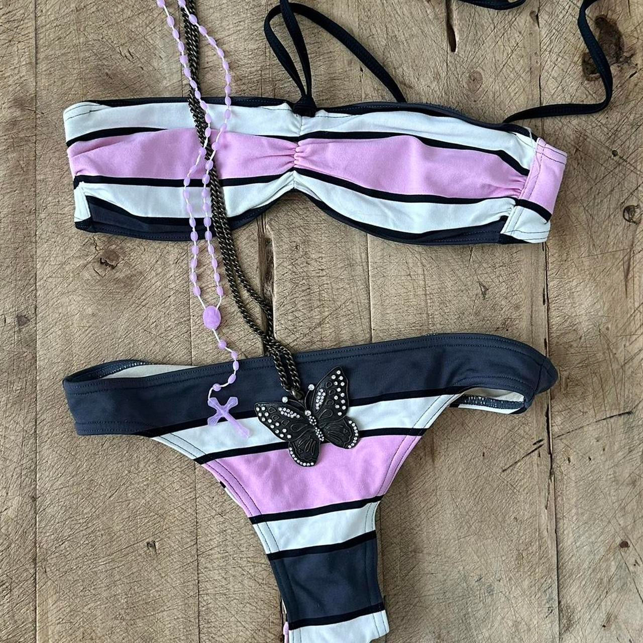 Vintage 00s black and pink striped bikini