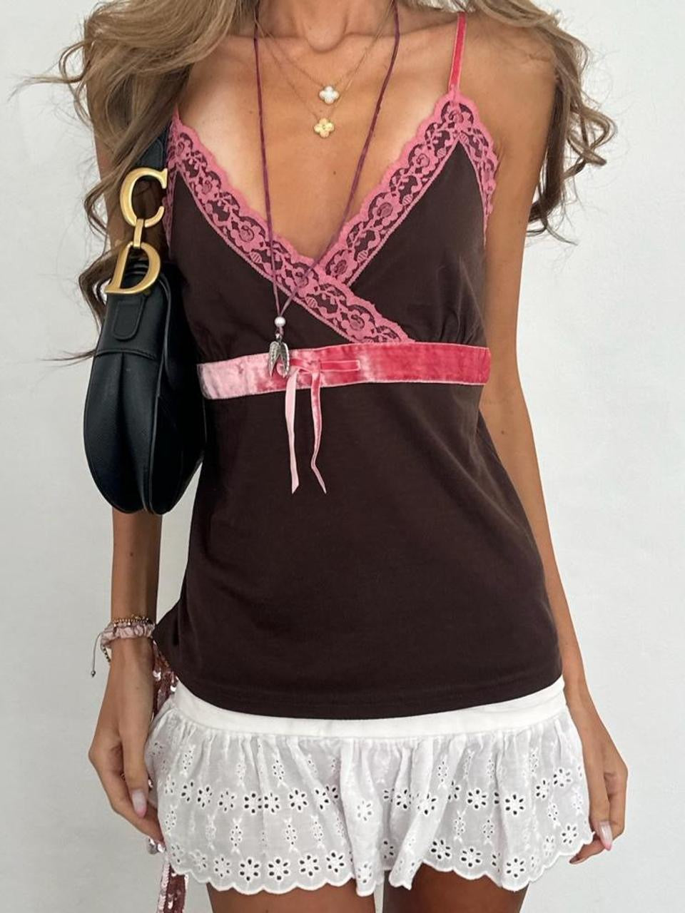 Vintage 00’s brown and pink lace cami top