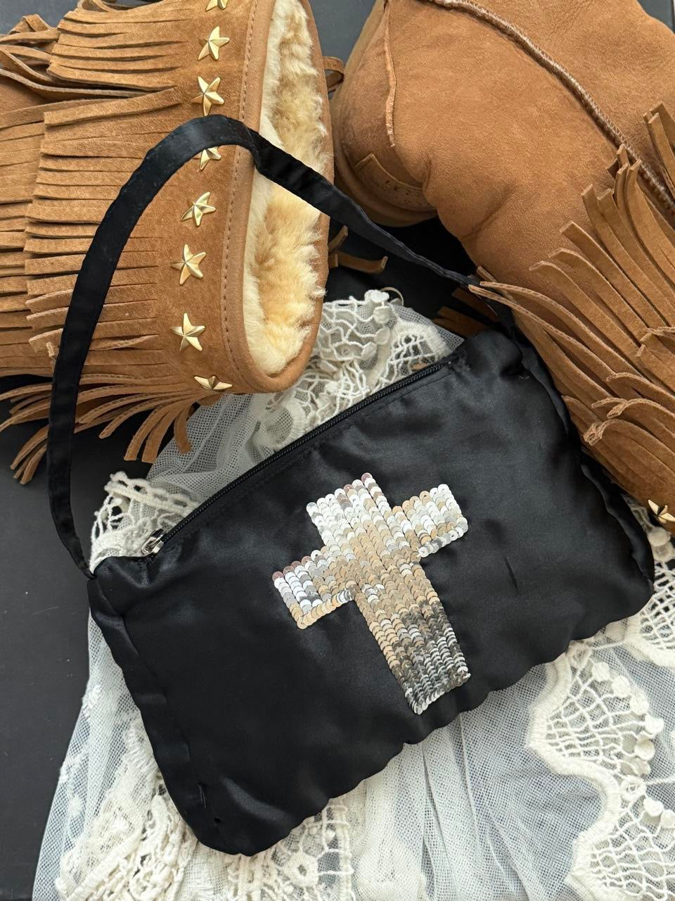 Vintage 2000’s black sequin cross satin bag