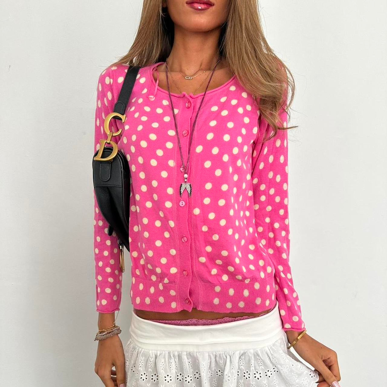 Vintage 2000s pink polka dot cardigan top
