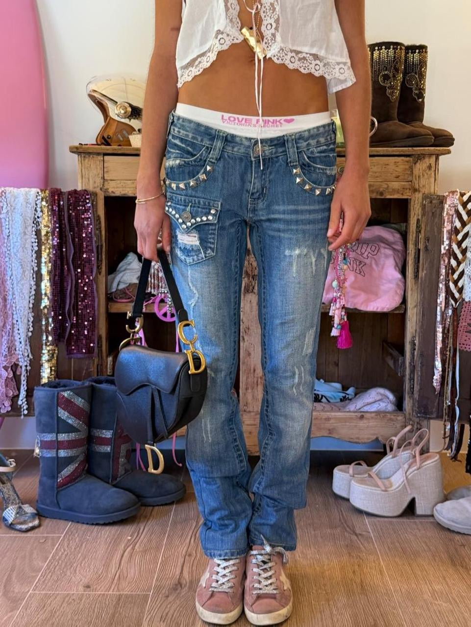 Vintage 00s studded distressed bootcut jeans