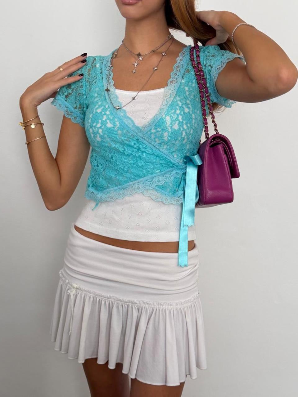 Vintage 00’s aqua lace wrap layering top