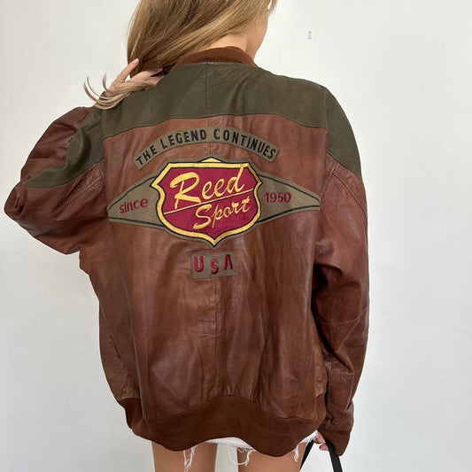 Vintage 90’s brown bomber graphic leather jacket