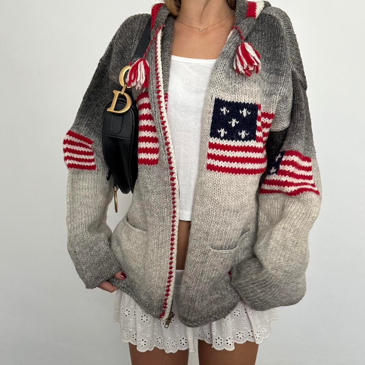 Vintage 2000’s grey American flag knitted hooded zip up