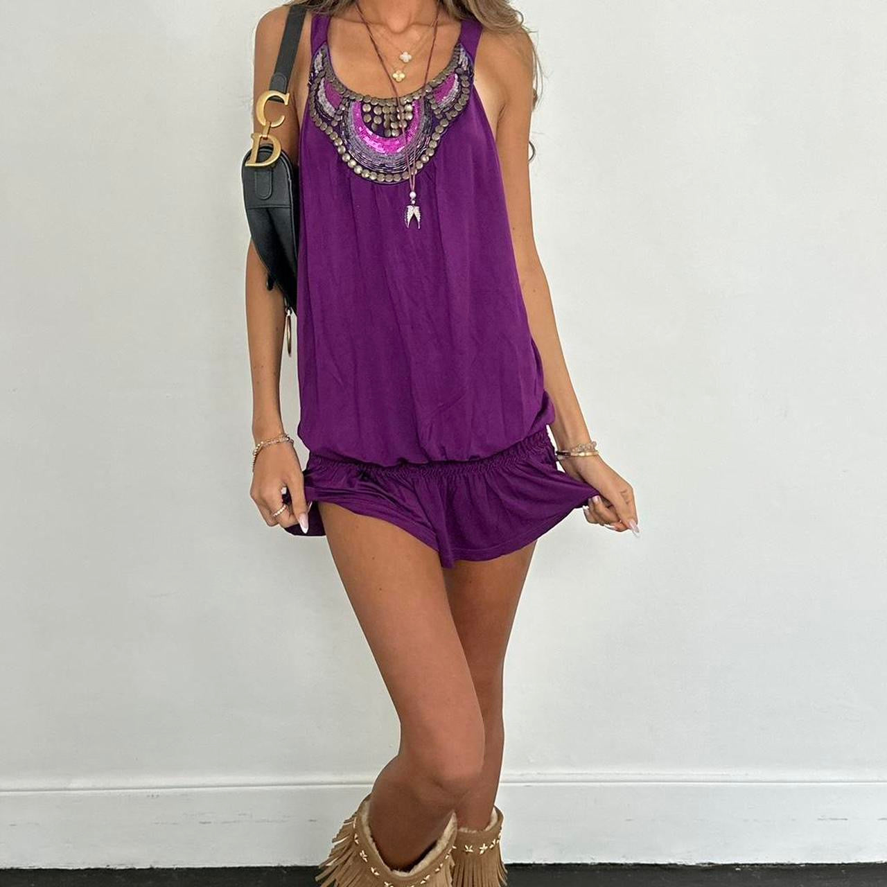 Vintage 00s purple studded boho mini dress