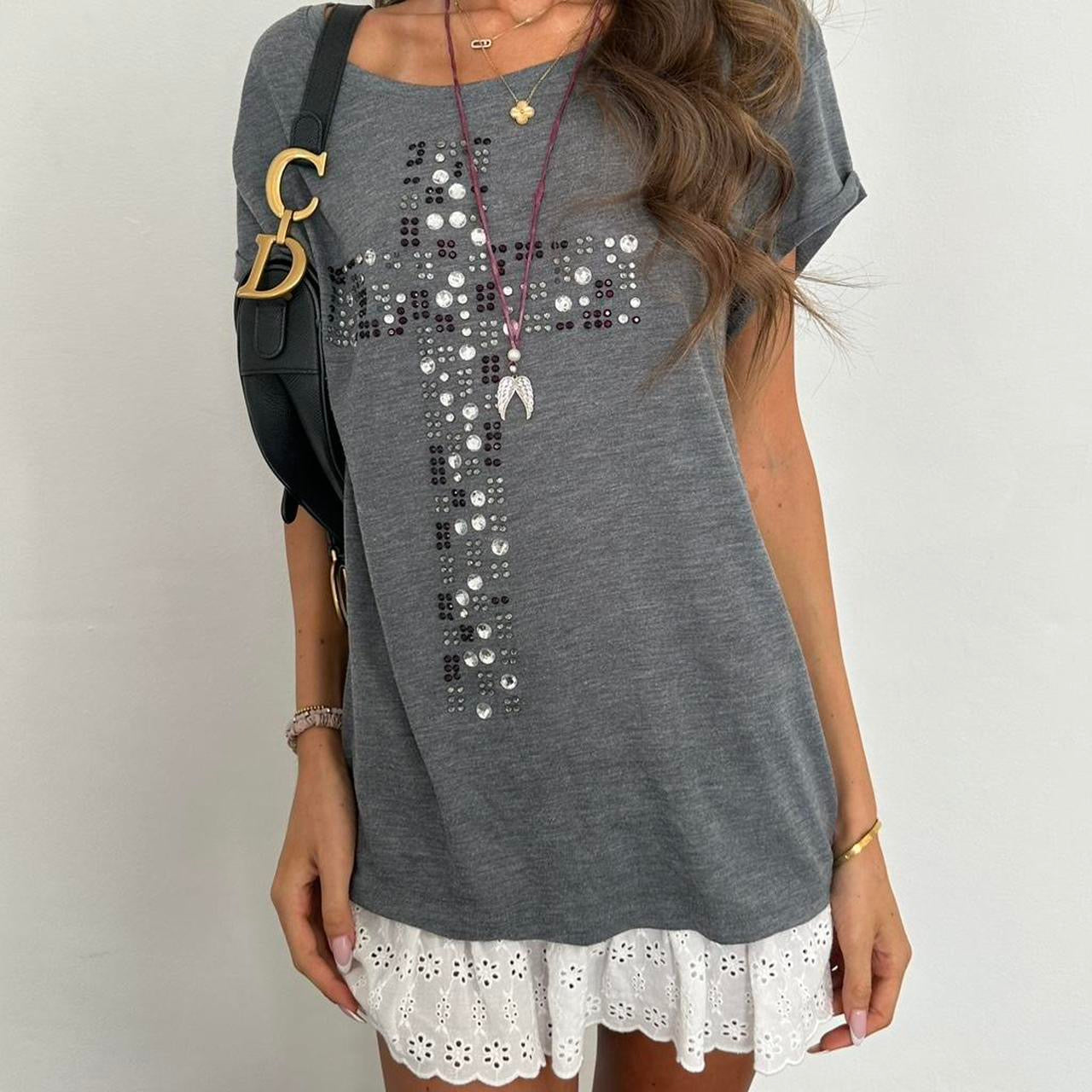Vintage 00s grey rhinestone cross top