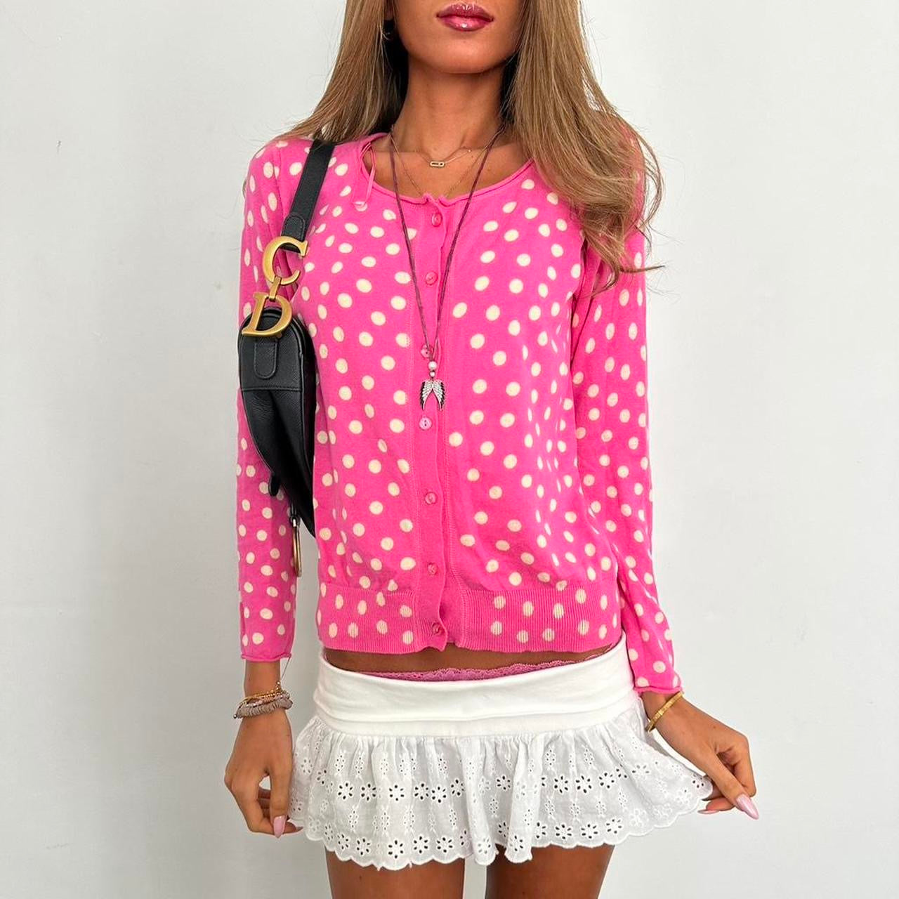 Vintage 2000s pink polka dot cardigan top