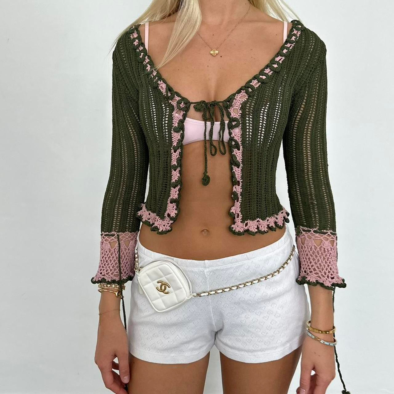 Vintage green & pink crochet layering cardigan top