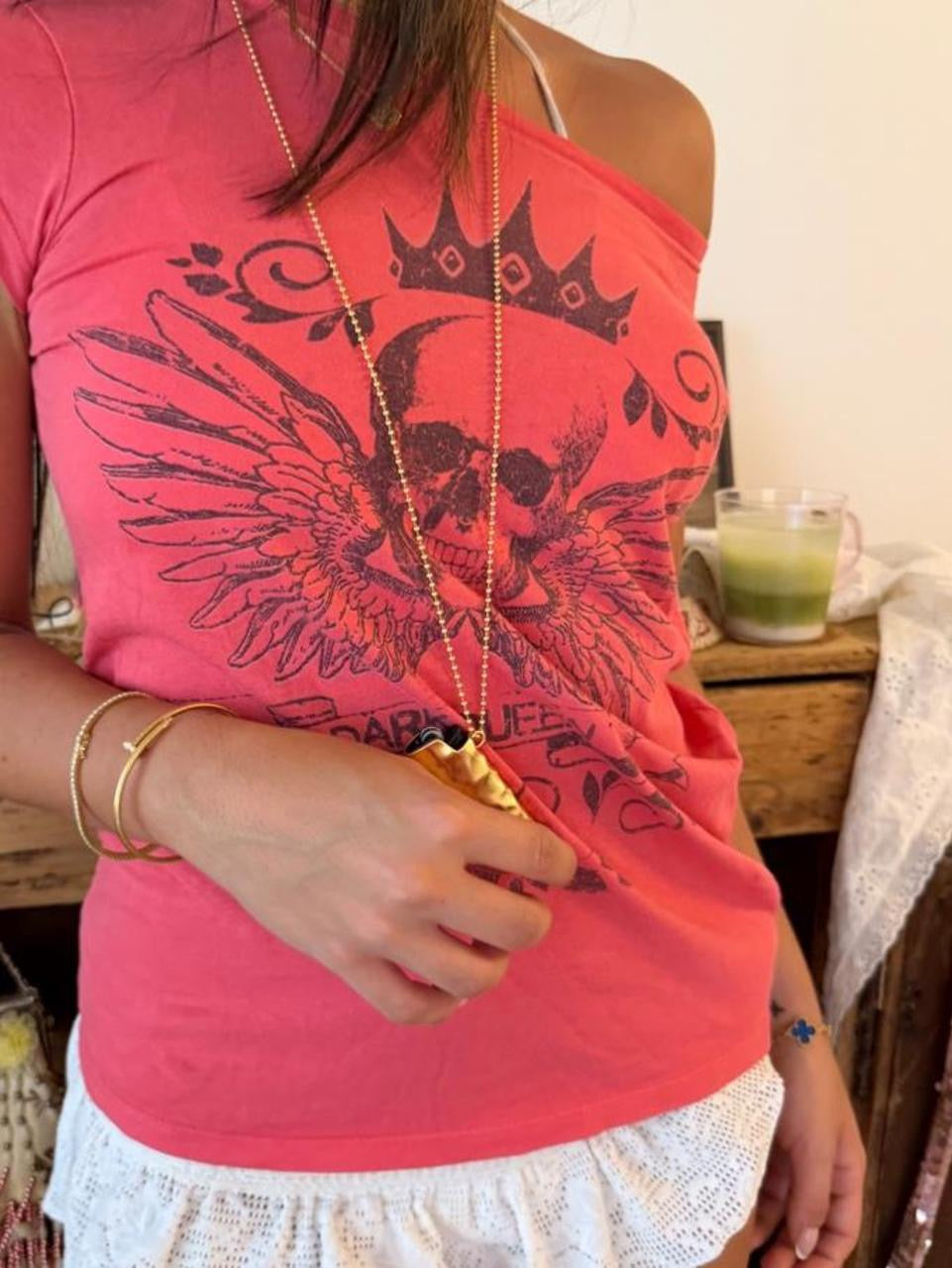 Vintage 00’s pink skull angel wing top