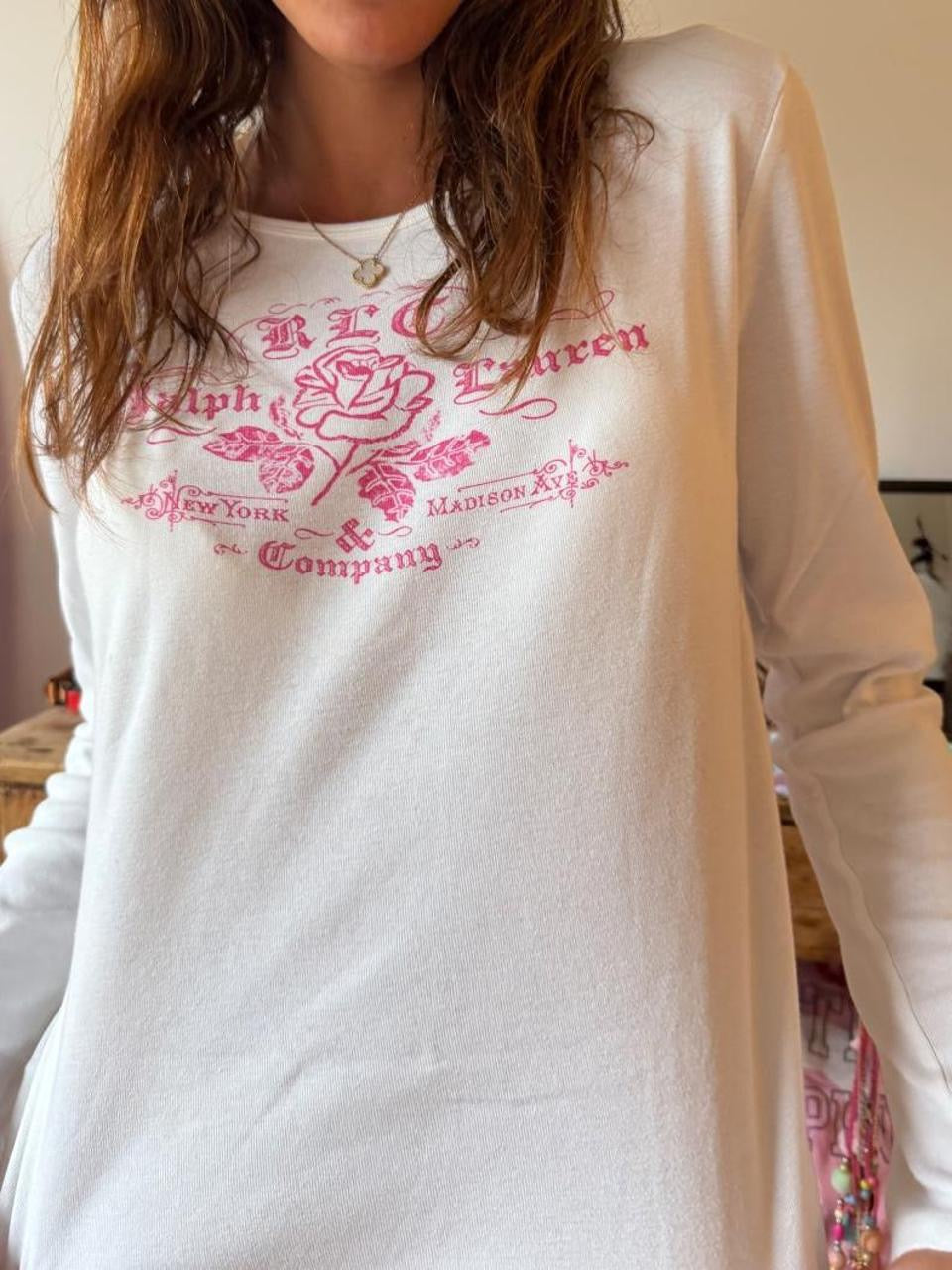 Vintage 00’s Polo Ralph Lauren pink and white graphic long sleeve top