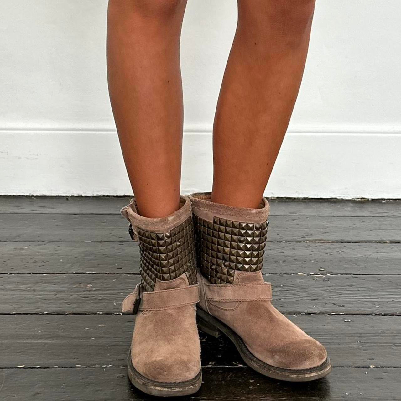 Vintage brown studded genuine leather ankle boots