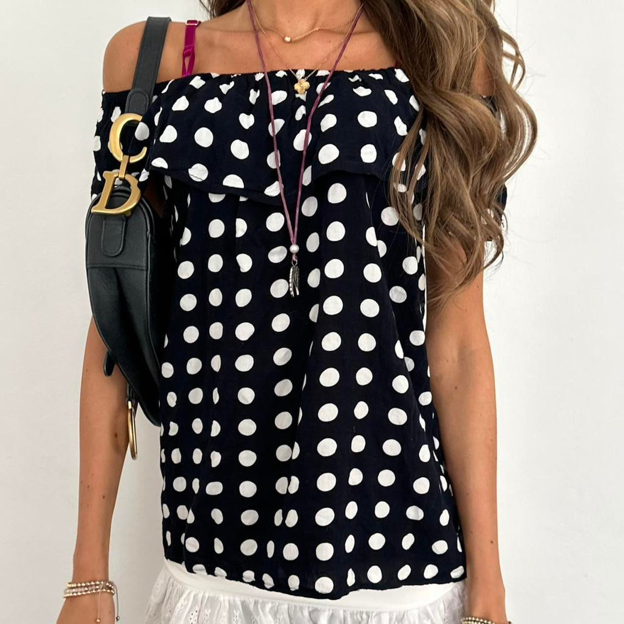 Vintage black polka dot off shoulder top