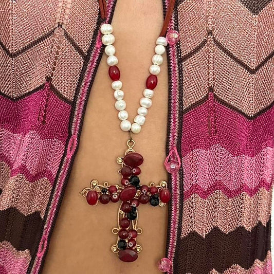 Vintage 90’s red pearl design cross necklace