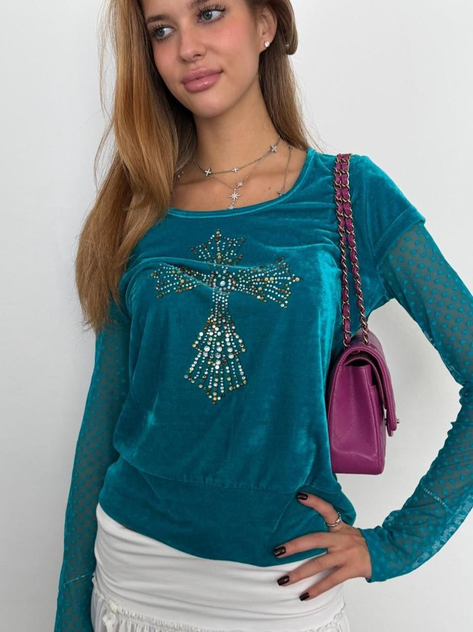 Vintage 00’s turquoise velvet cross design top