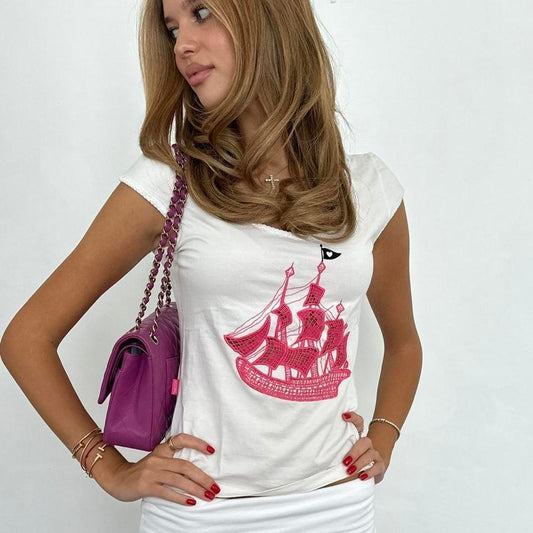 Vintage 00s Moschino pirate ship embroidered top